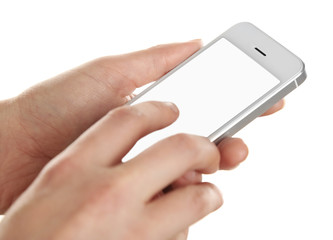 Hands holding mobile smart phone isolated on white