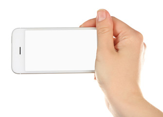 Hand holding mobile smart phone isolated on white
