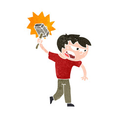retro cartoon boy with hammer