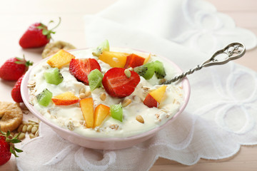 Healthy breakfast with homemade oatmeal, close up