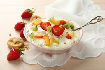 Healthy breakfast with homemade oatmeal, close up