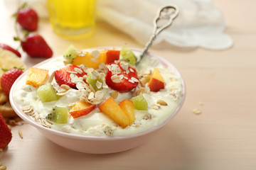 Healthy breakfast with homemade oatmeal, close up