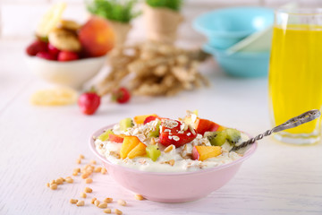Healthy breakfast with homemade oatmeal, close up