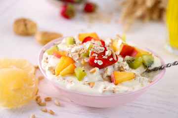 Healthy breakfast with homemade oatmeal, close up