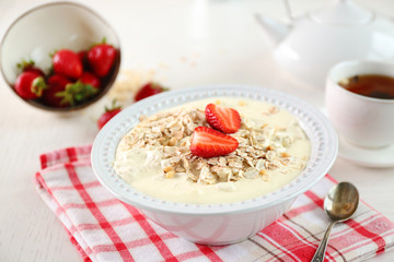 Healthy breakfast with homemade oatmeal, close up