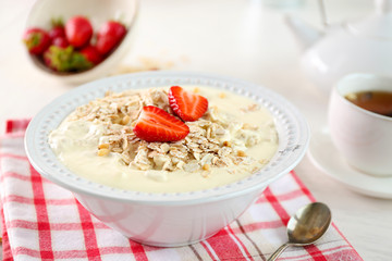 Healthy breakfast with homemade oatmeal, close up
