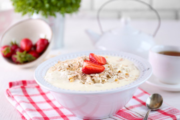 Healthy breakfast with homemade oatmeal, close up