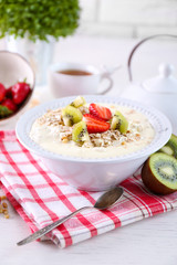 Healthy breakfast with homemade oatmeal, close up