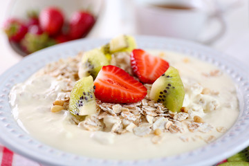 Healthy breakfast with homemade oatmeal, close up