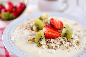 Healthy breakfast with homemade oatmeal, close up