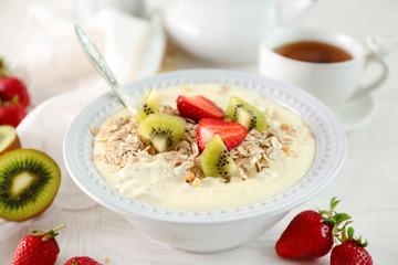 Healthy breakfast with homemade oatmeal, close up