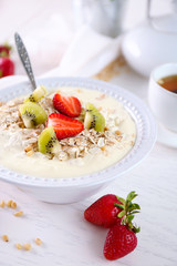 Healthy breakfast with homemade oatmeal, close up