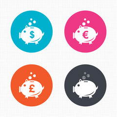 Piggy bank icons. Dollar, Euro, Pound moneybox.