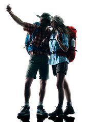 couple trekker trekking nature silhouette selfie