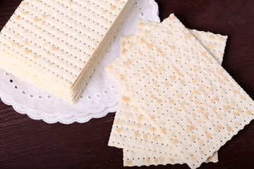 Matzo for Passover on table  close up
