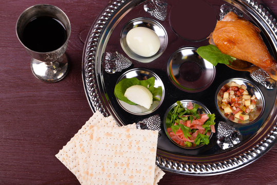 Matzo For Passover With Seder Meal With Wine On Plate On Table Close Up