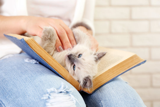 Young Woman Holding Cat And Old Book, Close-up