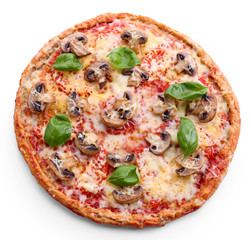 Tasty pizza with vegetables and basil isolated on white