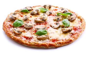 Tasty pizza with vegetables and basil isolated on white