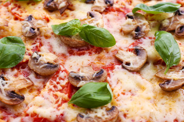 Tasty pizza with vegetables and basil close up