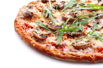 Tasty pizza with vegetables and arugula close up