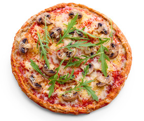 Tasty pizza with vegetables and arugula isolated on white