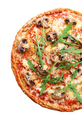 Tasty pizza with vegetables and arugula close up