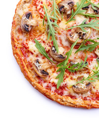 Tasty pizza with vegetables and arugula isolated on white
