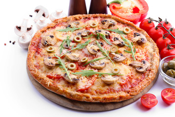 Tasty pizza with vegetables and arugula isolated on white
