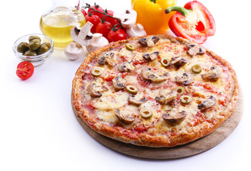 Tasty pizza with vegetables isolated on white