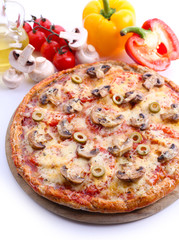Tasty pizza with vegetables close up