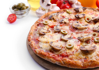 Tasty pizza with vegetables close up