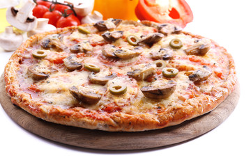 Tasty pizza with vegetables close up