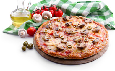 Tasty pizza with vegetables and napkin isolated on white