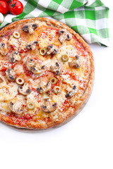 Tasty pizza with vegetables and napkin isolated on white