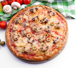 Tasty pizza with vegetables and napkin isolated on white