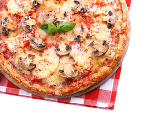 Tasty pizza with vegetables and napkin isolated on white