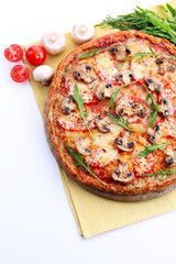 Tasty pizza with vegetables and napkin close up