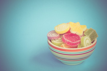 Colorful fruit-paste sweets with filter effect retro vintage sty