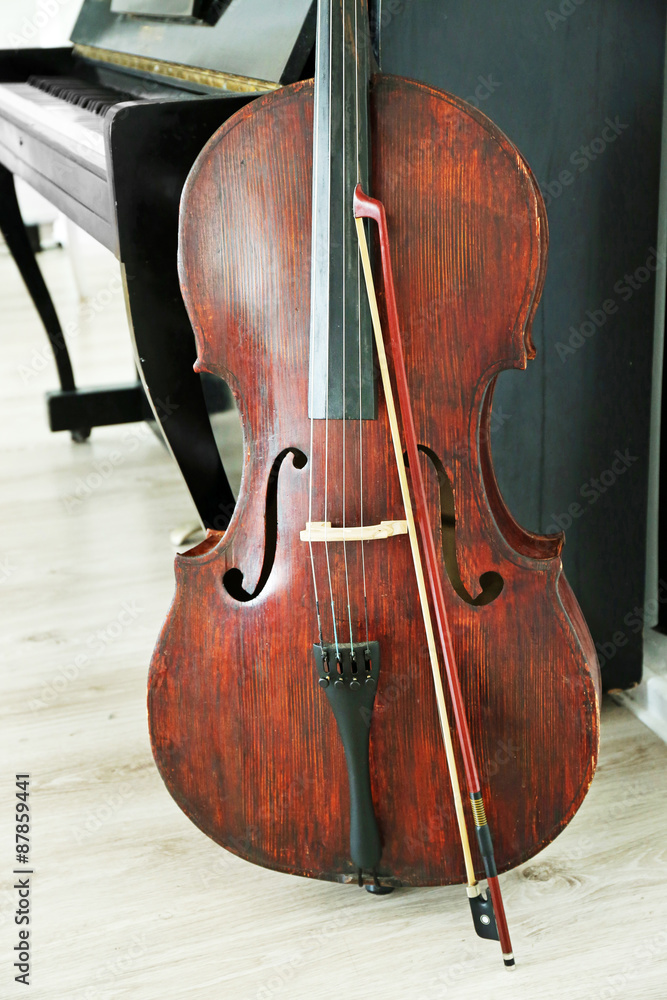 Poster cello near piano, indoors