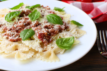 Pasta bolognese in white plate, closeup