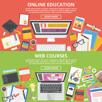Online education, web courses flat illustration concepts set