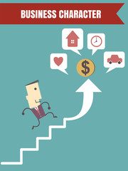 Businessman with  going up the stairs to success. Vector illustr