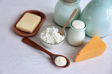 Dairy products on wooden table