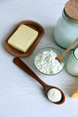 Dairy products on wooden table