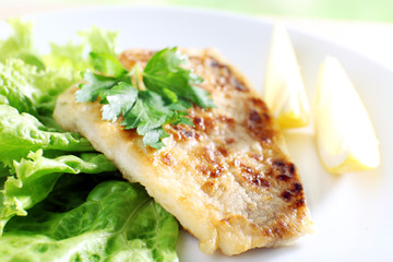 Dish of fish fillet with lettuce and lemon on plate close up