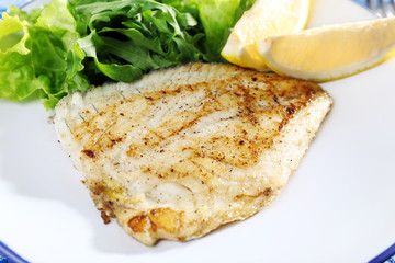 Dish of fish fillet with greens and lemon on plate close up