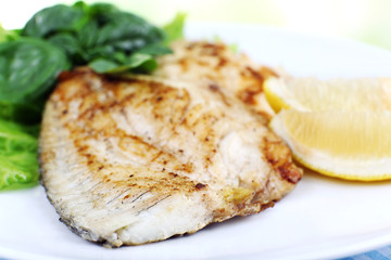 Dish of fish fillet with greens and lemon on plate close up