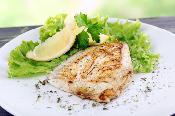 Dish of fish fillet with lettuce and lemon on table close up