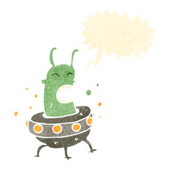 retro cartoon alien in flying saucer